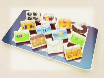 Touchscreen Smart Phone with Cloud of Media Application Icons on a white background. 3D illustration. Vintage style.