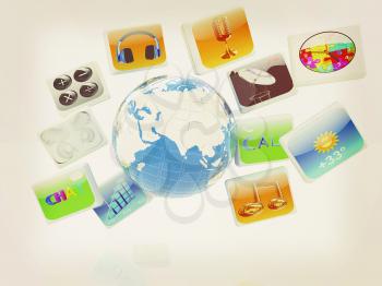 Earth with cloud of media application Icons on a white background. 3D illustration. Vintage style.