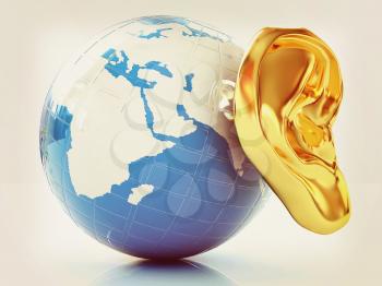 Ear gold 3d on earth render isolated on white background. Global . 3D illustration. Vintage style.