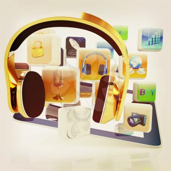 Phone gold on tablet pc with cloud of media application Icons on a white background. 3D illustration. Vintage style.