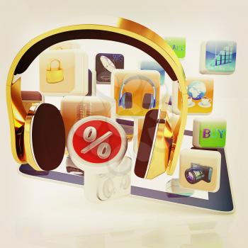 Phone gold on tablet pc with cloud of media application Icons, and percent on a white background. 3D illustration. Vintage style.