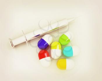 Pills and syringe on a white background. 3D illustration. Vintage style.