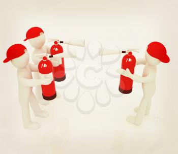 3d mans with red fire extinguisher. The concept of confrontation on a white background. 3D illustration. Vintage style.