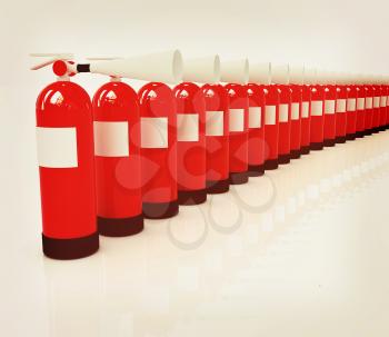 Red fire extinguishers on a white background. 3D illustration. Vintage style.