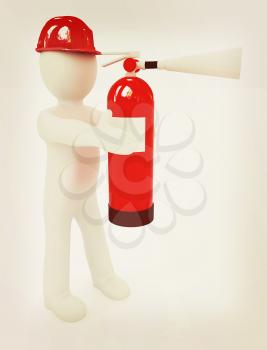 3d man in hardhat with red fire extinguisher on a white background. 3D illustration. Vintage style.