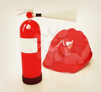 Red fire extinguisher and hardhat on a white background. 3D illustration. Vintage style.