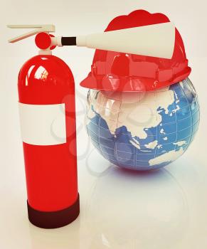 Red fire extinguisher and hardhat on earth on a white background. 3D illustration. Vintage style.