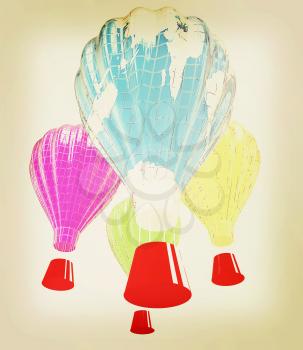 Hot Air Balloons as the earth with Gondola. Colorful Illustration isolated on white Background . 3D illustration. Vintage style.