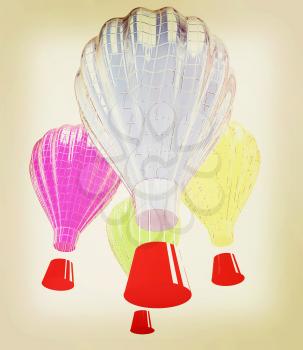 Hot Air Balloons with Gondola. Colorful Illustration isolated on white Background . 3D illustration. Vintage style.