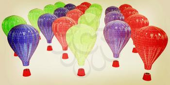 Hot Air Balloons with Gondola. Colorful Illustration isolated on white Background . 3D illustration. Vintage style.