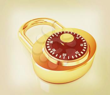 Illustration of security concept with gold locked combination pad lock on a white background. 3D illustration. Vintage style.