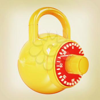 Illustration of security concept with glossy locked combination pad lock on a white background. 3D illustration. Vintage style.