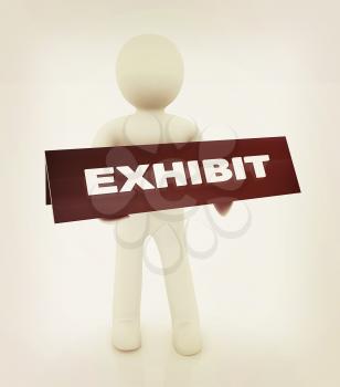 3d man opens the exhibition on a white background. 3D illustration. Vintage style.