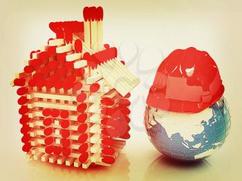 Log house from matches pattern on white and hard hat on earth . 3D illustration. Vintage style.