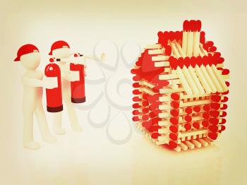 3d man with red fire extinguisher and log houses from matches pattern on white . 3D illustration. Vintage style.