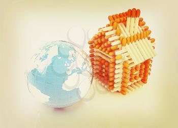 Log house from matches pattern and Earth on white . 3D illustration. Vintage style.