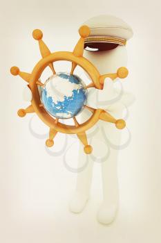 Sailor with wood steering wheel and earth. Trip around the world concept on a white background. 3D illustration. Vintage style.