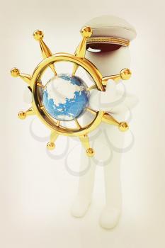 Sailor with gold steering wheel and earth. Trip around the world concept on a white background. 3D illustration. Vintage style.
