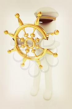 Sailor with gold steering wheel and earth. Trip around the world concept on a white background. 3D illustration. Vintage style.