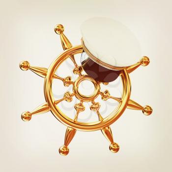 Marine cap on gold marine steering wheel on a white background. 3D illustration. Vintage style.