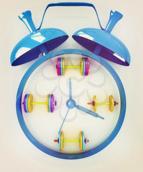 Alarm clock icon with dumbbells. Sport concept on a white background. 3D illustration. Vintage style.