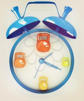 Alarm clock icon with kettlebells. Sport concept on a white background. 3D illustration. Vintage style.