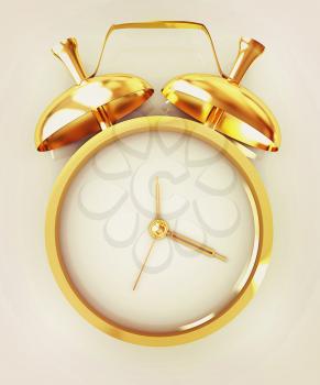 3D illustration of gold alarm clock icon on a white background. 3D illustration. Vintage style.