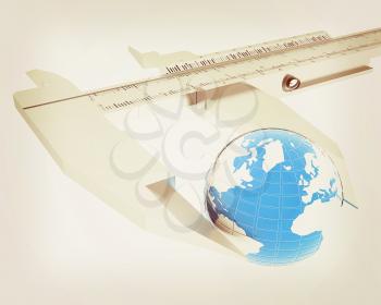 Vernier caliper measures the Earth. Global 3d concept on a white background. 3D illustration. Vintage style.