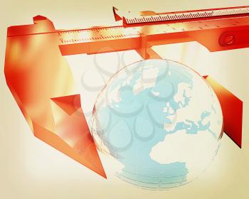 Vernier caliper measures the Earth. Global 3d concept on a white background. 3D illustration. Vintage style.