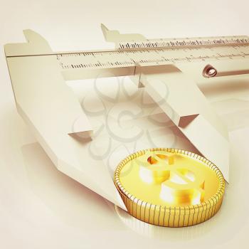 Vernier calipers with coin isolated over white background . 3D illustration. Vintage style.