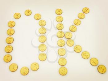 OK 3d text for gold dollar coin on a white background. 3D illustration. Vintage style.