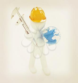 3d man engineer in hard hat with vernier caliper and Earth on a white background. 3D illustration. Vintage style.