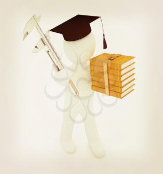 3d man in graduation hat with the best technical educational literature and vernier caliper on a white background. 3D illustration. Vintage style.