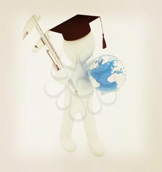 3d man in graduation hat with Earth and vernier caliper on a white background. 3D illustration. Vintage style.