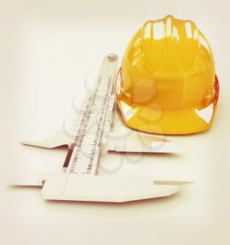 Vernier caliper and yellow hard hat 3d on a white background. 3D illustration. Vintage style.