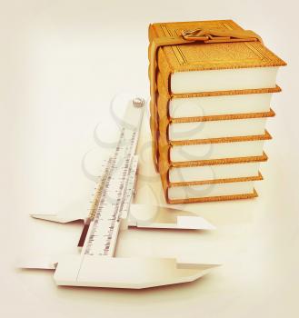 Vernier caliper and leather professional books. Best professional knowledge concept on a white background. 3D illustration. Vintage style.