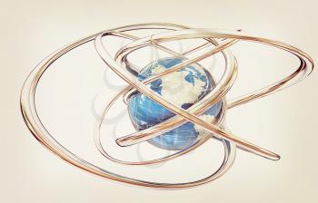 Earth and abstract shapes on a white background. 3D illustration. Vintage style.