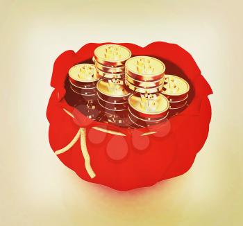 Bag and dollar coins on a white background. 3D illustration. Vintage style.