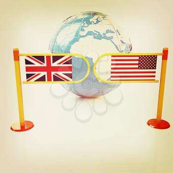 Three-dimensional image of the turnstile and flags of USA and UK on a white background . 3D illustration. Vintage style.