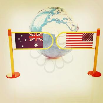 Three-dimensional image of the turnstile and flags of USA and Australia on a white background . 3D illustration. Vintage style.