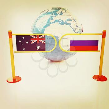 Three-dimensional image of the turnstile and flags of Russia and Australia on a white background . 3D illustration. Vintage style.
