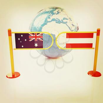 Three-dimensional image of the turnstile and flags of Australia and Austria on a white background . 3D illustration. Vintage style.