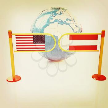 Three-dimensional image of the turnstile and flags of USA and Austria on a white background . 3D illustration. Vintage style.