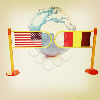 Three-dimensional image of the turnstile and flags of USA and Belgium on a white background . 3D illustration. Vintage style.