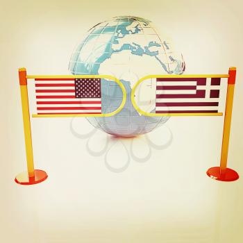 Three-dimensional image of the turnstile and flags of USA and Greece on a white background . 3D illustration. Vintage style.