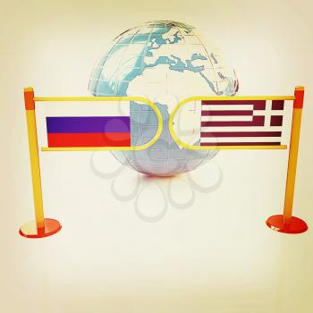 Three-dimensional image of the turnstile and flags of Russia and Greece on a white background . 3D illustration. Vintage style.