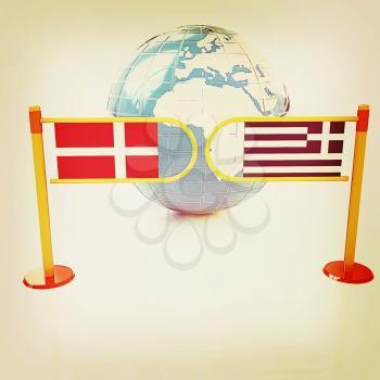 Three-dimensional image of the turnstile and flags of Denmark and Greece on a white background . 3D illustration. Vintage style.