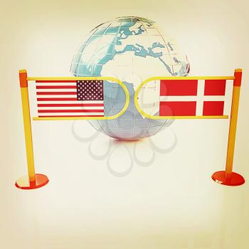 Three-dimensional image of the turnstile and flags of Denmark and USA on a white background . 3D illustration. Vintage style.