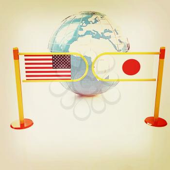 Three-dimensional image of the turnstile and flags of USA and Japan on a white background . 3D illustration. Vintage style.