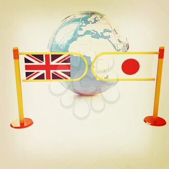Three-dimensional image of the turnstile and flags of UK and Japan on a white background . 3D illustration. Vintage style.
